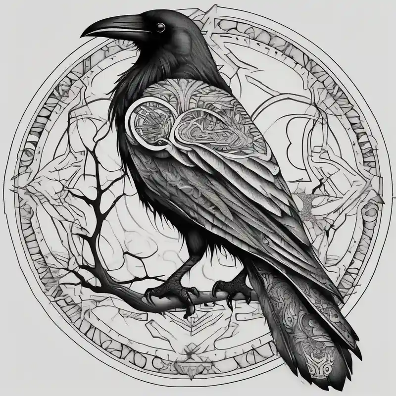 left arm tattoo of a raven on a branch surrounded by mandala glitter tattoo